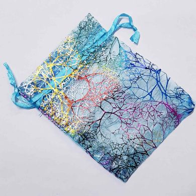 Подарочный мешочек для украшений, из органзы, 11*8,5*0,1 см, с атласными лентами, с рисунками, голубой