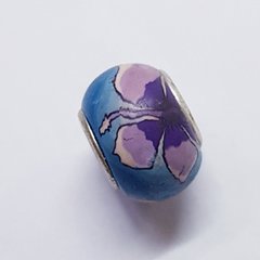 Бусины Пандора, 10*12-14 мм, из бижутерного сплава, из глины, голубой с фиолетовыми цветами