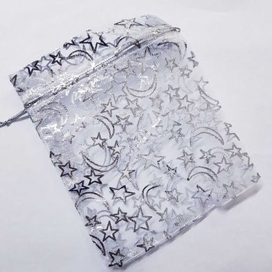 Подарочный мешочек для украшений, из органзы, 11,5*8,5*0,1 см, с серебряным люрексом, с звездамии месяцами, белый