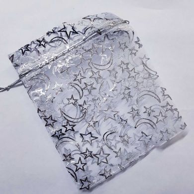 Подарочный мешочек для украшений, из органзы, 11,5*8,5*0,1 см, с серебряным люрексом, с звездамии месяцами, белый