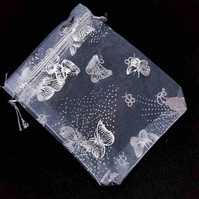 Подарочный мешочек для украшений, из органзы, 11,5*8,5*0,1 см, с серебряным люрексом, с бабочками, белый