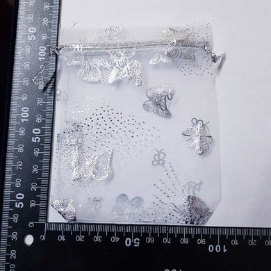 Подарочный мешочек для украшений, из органзы, 11,5*8,5*0,1 см, с серебряным люрексом, с бабочками, белый