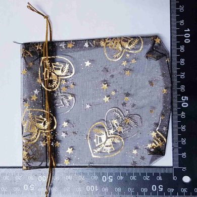 Подарочный мешочек для украшений, из органзы, 11,5*10*0,1 см, с золотым люрексом, с сердцами, черный