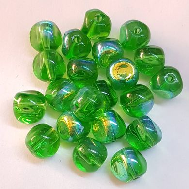 Бусина твист, чешское стекло , бусины 9*9 мм, поштучно, зеленый, прозрачный с напылением