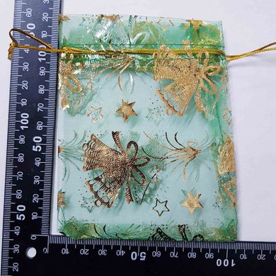 Подарочный мешочек для украшений, из органзы, 11,5*10*0,1 см, с золотым люрексом, с колокольчиками, зеленый
