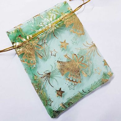Подарочный мешочек для украшений, из органзы, 11,5*10*0,1 см, с золотым люрексом, с колокольчиками, зеленый