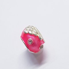 Бусины Пандора, 8-9*12-13 мм, из бижутерного сплава, платина, инкрустированные белыми стразами, розовый