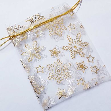 Подарочный мешочек для украшений, из органзы, 11,5*10*1 мм, с золотым люрексом, с снежинками, белый