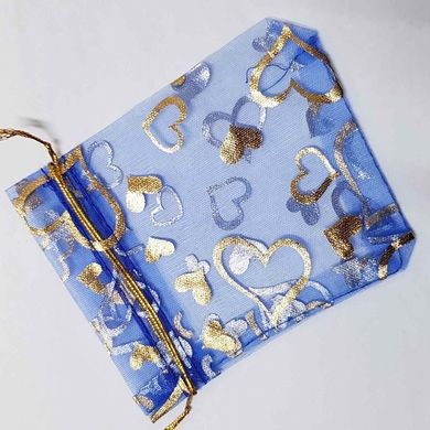 Подарочный мешочек для украшений, из органзы, 12*9,5*0,1 см, с золотым люрексом, с сердцами, синий