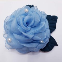 Заколка для волос, 12 см, роза из оранзы, голубой с зелеными листьями