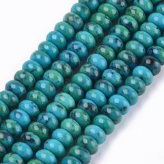 Хризоколла бусины 8*5 мм, натуральные камни, поштучно, голубой с черными и зелеными вкраплениями