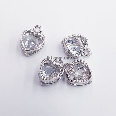 Подвеска металлическая сердце, 12*8*7 мм, из мельхиора, кулон, украшение, медальон, с белыми стразами
