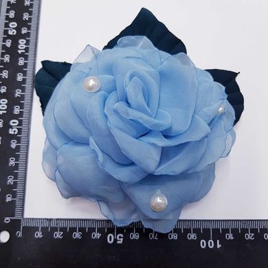 Заколка для волос, 12 см, роза из оранзы, голубой с зелеными листьями