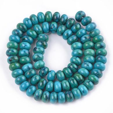 Хризоколла бусины 8*5 мм, натуральные камни, поштучно, голубой с черными и зелеными вкраплениями