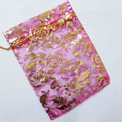 Подарочный мешочек для украшений, из органзы, 13*10*0,1 см, с золотым люрексом, с розами, малиновый