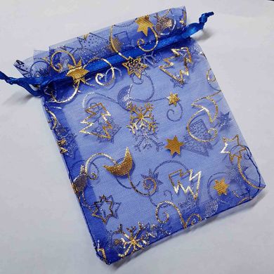 Подарочный мешочек для украшений, из органзы, 11,5*9*0,1 см, с атласными лентами, с рисунками, синий