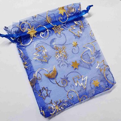 Подарочный мешочек для украшений, из органзы, 11,5*9*0,1 см, с атласными лентами, с рисунками, синий
