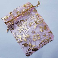 Подарочный мешочек для украшений, из органзы, 13*10*0,1 см, с золотым люрексом, с розами, розовый