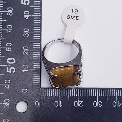 Кольцо с натуральным камнем тигровым глазом, на металлической основе, мельхиор, коричневый