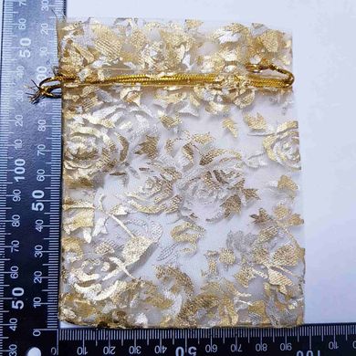 Подарочный мешочек для украшений, из органзы, 13*10*0,1 см, с золотым люрексом, с розами, желтый