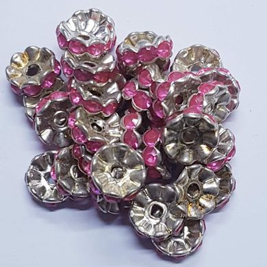 Бусина металлическая, рондель, 10*4 мм, поштучно, серебро с розовыми стразами