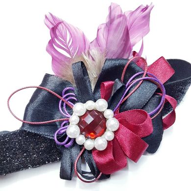 Повязка Мафия 46 см, с перьями, цветком с кабошоном, черный с марсала