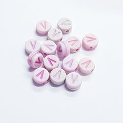 Бусины акрил 7*4 мм, поштучно, с буквами, розовый