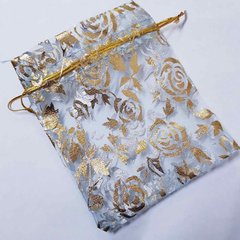 Подарочный мешочек для украшений, из органзы, 13*10*0,1 см, с золотым люрексом, с розами, светло-голубой