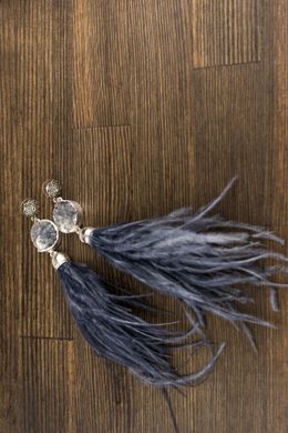 Серьги кисти из перьев с друзой из натурального камня кварца, длина изделия около 18 см, серый