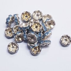 Бусина металлическая, рондель, 6*3 мм, поштучно, серебро с серо-голубыми стразами