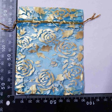 Подарочный мешочек для украшений, из органзы, 13*10*0,1 см, с золотым люрексом, с розами, голубой