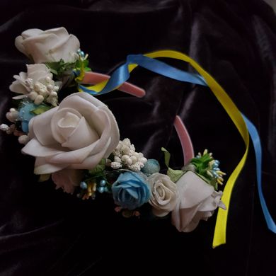 Обруч с цветами из фоамирана, айвори, розовый с голубыми и белыми цветами