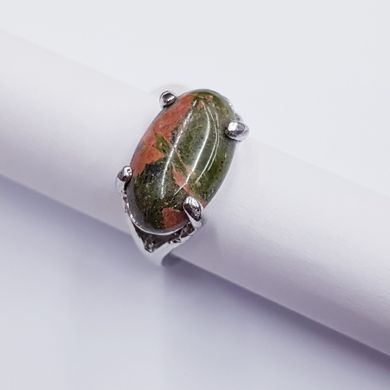 Кольцо с натуральным камнем унакитом, на металлической основе, мельхиор, зеленый с розовым