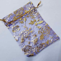 Подарочный мешочек для украшений, из органзы, 13*10*0,1 см, с золотым люрексом, с розами, сиреневый