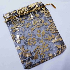 Подарочный мешочек для украшений, из органзы, 13*10*0,1 см, с золотым люрексом, с розами, черный
