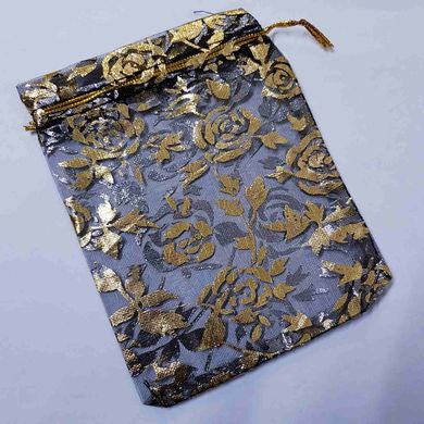 Подарочный мешочек для украшений, из органзы, 13*10*0,1 см, с золотым люрексом, с розами, черный