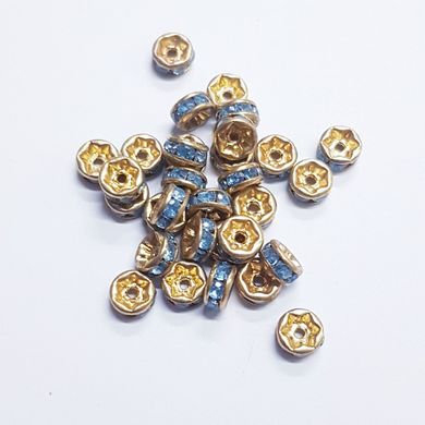 Бусина металлическая, рондель, 5*2 мм, поштучно, золото с сине-голубыми стразами