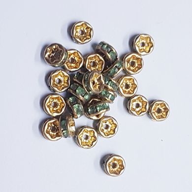 Бусина металлическая, рондель, 5*2 мм, поштучно, золото с мятными стразами