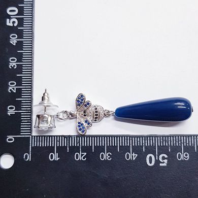 Серьги пчелки из медицинской стали, на металлической основе, платина с синими каплями