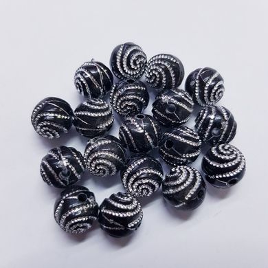 Бусина пластиковая, 8 мм, из пластмассы, черный, с серебреными узорами