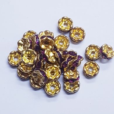 Бусина металлическая, рондель, 6*2 мм, поштучно, золото с темно-фиолетовыми стразами