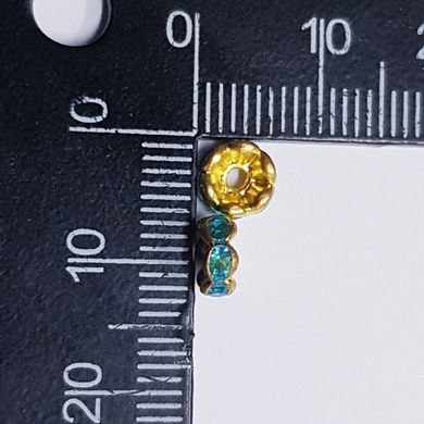 Бусина металлическая, рондель, 6*2 мм, поштучно, золото с голубыми стразами