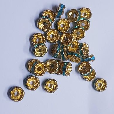 Бусина металлическая, рондель, 6*2 мм, поштучно, золото с голубыми стразами