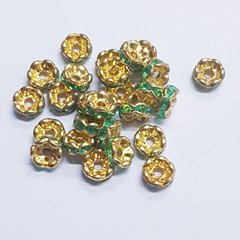 Бусина металлическая, рондель, 6*2 мм, поштучно, золото с зелеными стразами