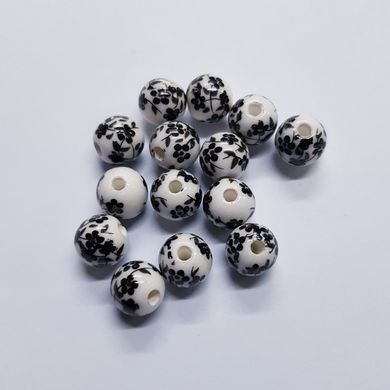 Бусины фарфор 8 мм, поштучно, белый с черными цветами