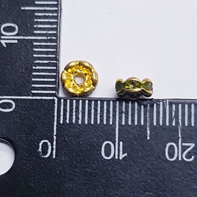 Бусина металлическая, рондель, 6*2 мм, поштучно, золото с хаки стразами