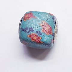 Бусины Пандора, 12-15*12-14 мм, из бижутерного сплава, из глины, голубой с цветами