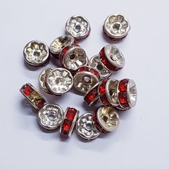 Бусина металлическая, рондель, 8*4 мм, поштучно, серебро с красными стразами