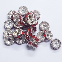 Бусина металлическая, рондель, 7*3 мм, поштучно, серебро с красными стразами