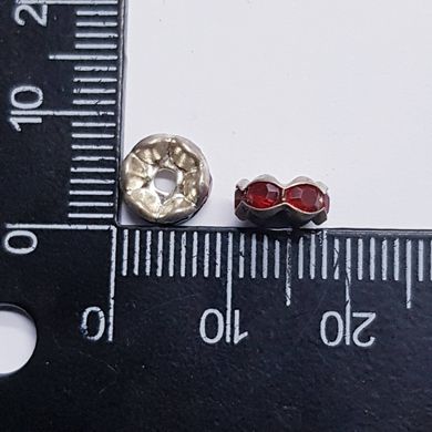 Бусина металлическая, рондель, 7*3 мм, поштучно, серебро с красными стразами